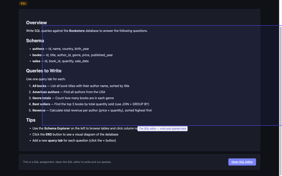 Open a SQL assignment