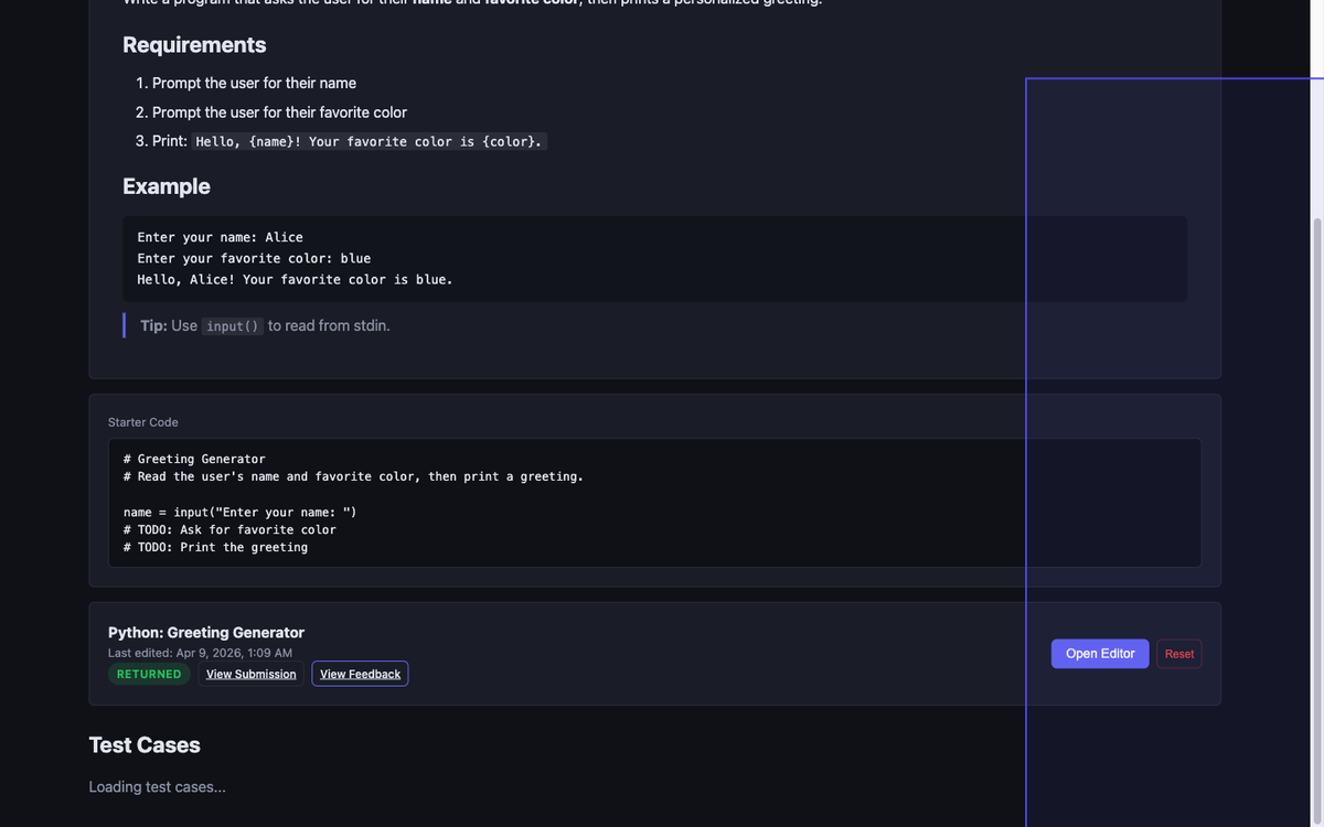 Open a returned assignment