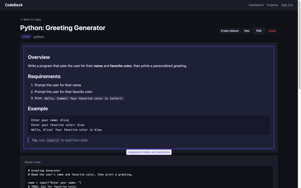 View the assignment detail page