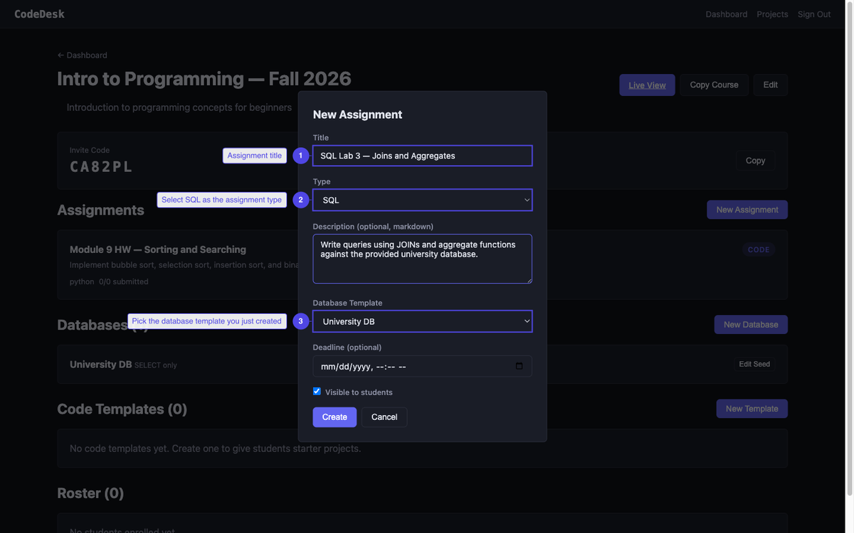 Set up the SQL assignment