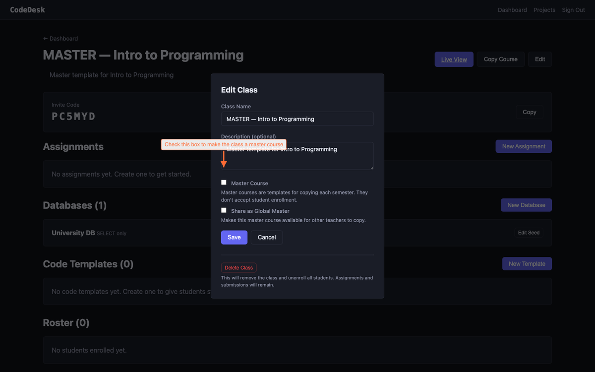 Click Edit to open class settings